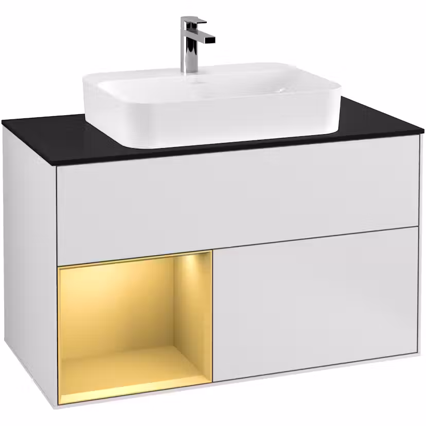 Tvättställsskåp Villeroy & Boch Finion med 2 Lådor Hylla och Bänkskiva för Ytmonterat Tvättställ Vit Mattlack/Guld Mattlack med bänkskiva i Mattsvart glas med Väggbelysning, Lucka Vänster