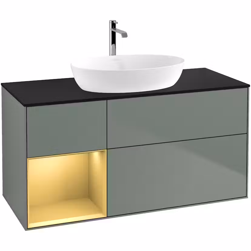Tvättställsskåp Villeroy & Boch Finion med 3 Lådor Hylla och Bänkskiva för Fristående Tvättställ från Artis & Collaro Oliv Mattlack/Guld Mattlack med bänkskiva i Mattsvart glas med Väggbelysning, Lucka Vänster Utan Blandarhål