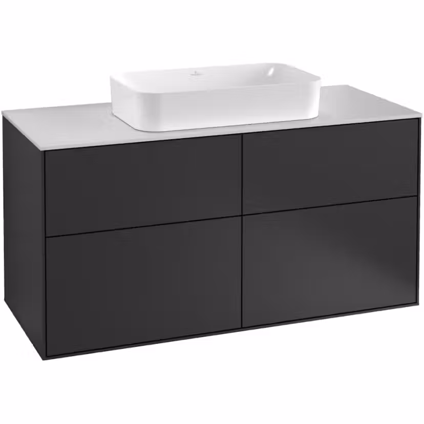 Tvättställsskåp Villeroy & Boch Finion med 4 Lådor och Bänkskiva för Fristående Tvättställ Antracitgrå Mattlack B: 1200 mm med bänkskiva i Mattvitt glas med Blandarhål