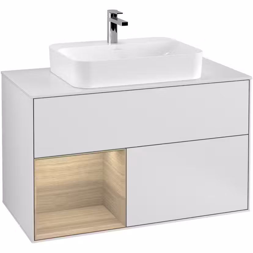 Tvättställsskåp Villeroy & Boch Finion med 2 Lådor Hylla och Bänkskiva för Ytmonterat Tvättställ Vit Mattlack/Ekfanér med bänkskiva i Mattvitt glas med Väggbelysning, Lucka Vänster