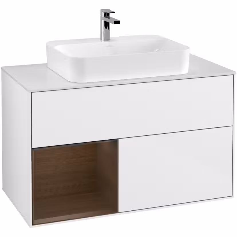 Tvättställsskåp Villeroy & Boch Finion med 2 Lådor Hylla och Bänkskiva för Ytmonterat Tvättställ Vit Högblank/Valnötsfanér med bänkskiva i Mattvitt glas med Väggbelysning, Lucka Vänster
