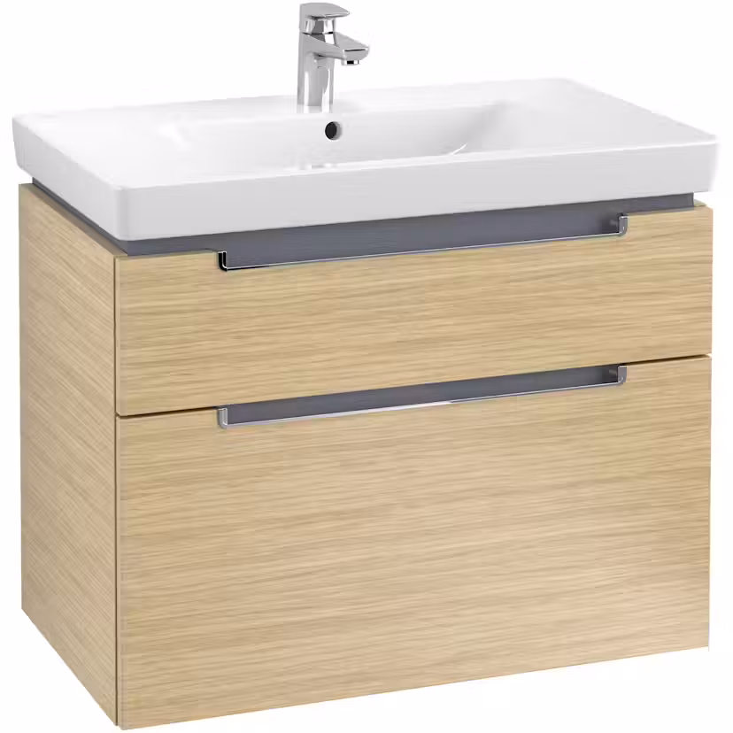 Tvättställsskåp Villeroy & Boch Subway 2.0 med 2 Lådor för Skåpstvättställ Nordisk Ek med Handtag i Blank Krom, H: 590 mm B: 787 mm