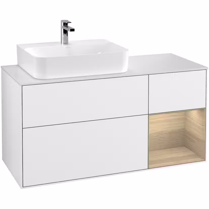 Tvättställsskåp Villeroy & Boch Finion med 3 Lådor Hylla och Bänkskiva för Ocentrerat Tvättställ Vit Högblank/Ekfanér med bänkskiva i Mattvitt glas, Lucka Höger