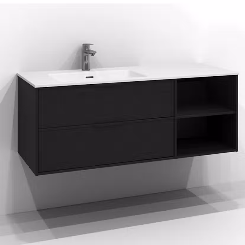 Tvättställsskåp Svedbergs Epos 120x45 Svart Ask, Relief, 2 lådor med integrerat handtag och 2 öppna hyllo, Vänster