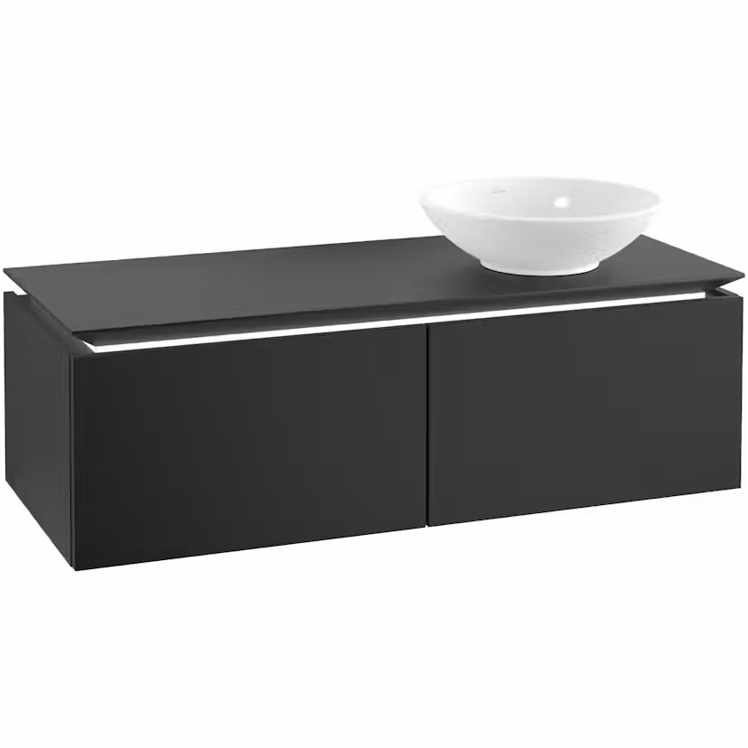 Tvättställsskåp Villeroy & Boch Legato Kompakt 1200 med 2 Lådor för Ocentrerat Ytmonterat Tvättställ Svart Mattlack med Belysning, Tvättställ Höger