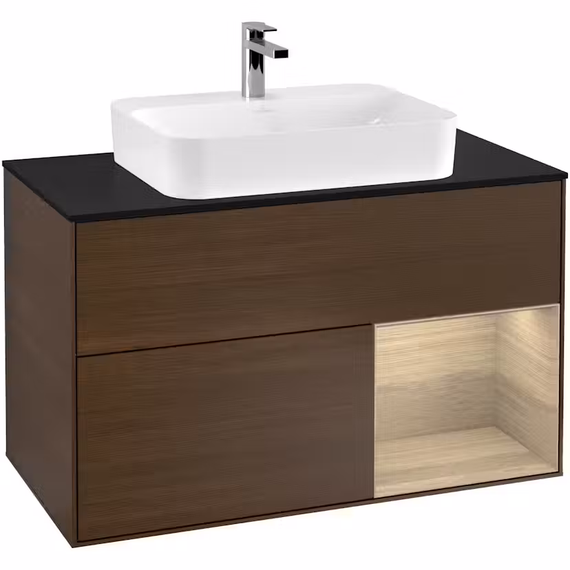 Tvättställsskåp Villeroy & Boch Finion med 2 Lådor Hylla och Bänkskiva för Ytmonterat Tvättställ Valnötsfanér/Ekfanér med bänkskiva i Mattsvart glas, Lucka Höger