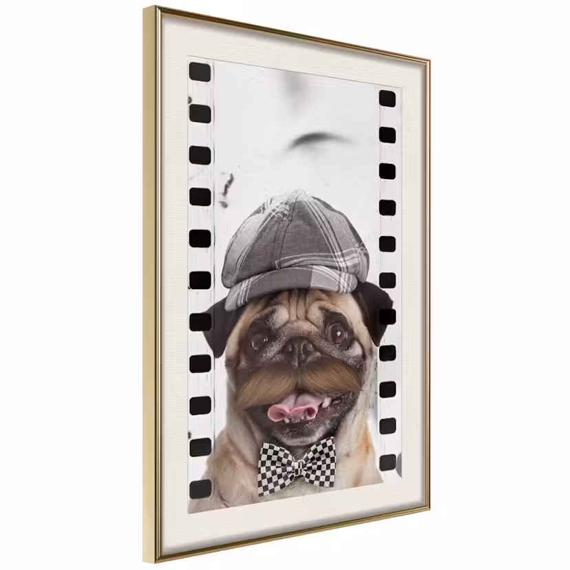 Poster Artgeist Affisch Pug In Hat Guld ram med passepartout, 30x45 cm