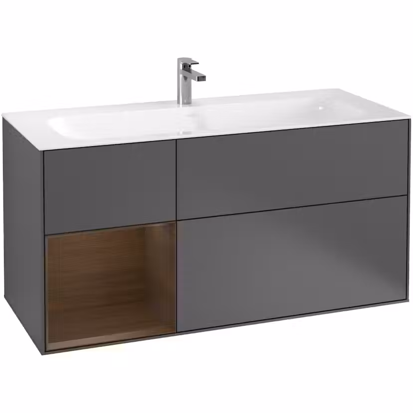 Tvättställsskåp Villeroy & Boch Finion med 3 Lådor och Hylla för Inbyggt Tvättställ Antracitgrå Mattlack/Valnötsfanér med Väggbelysning, Lucka Vänster