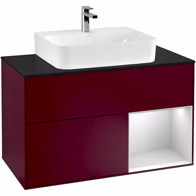 Tvättställsskåp Villeroy & Boch Finion med 2 Lådor Hylla och Bänkskiva för Centrerat Tvättställ Pion Mattlack/Vit Mattlack med bänkskiva i Mattsvart glas med Väggbelysning, Lucka Höger