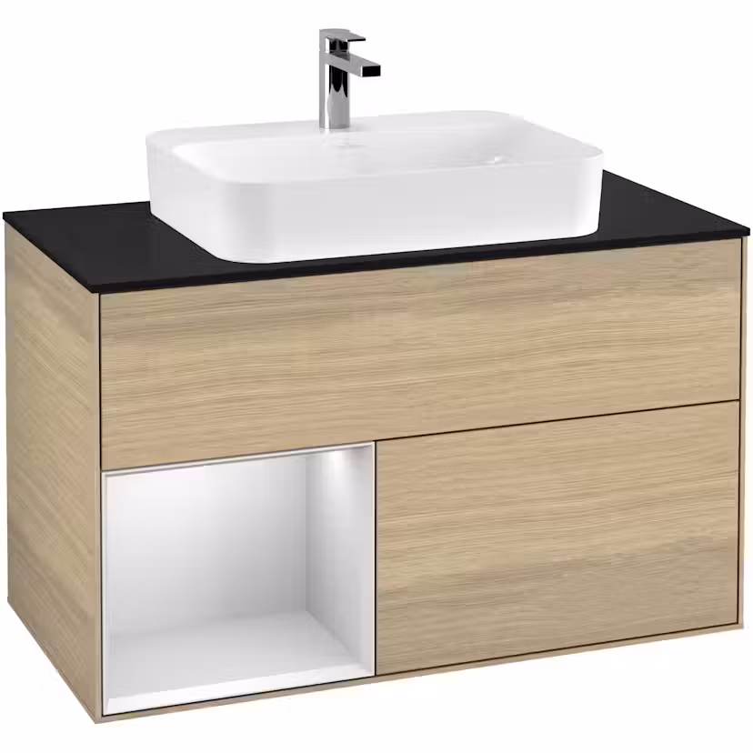 Tvättställsskåp Villeroy & Boch Finion med 2 Lådor Hylla och Bänkskiva för Ytmonterat Tvättställ Ekfanér/Vit Mattlack med bänkskiva i Mattsvart glas, Lucka Vänster