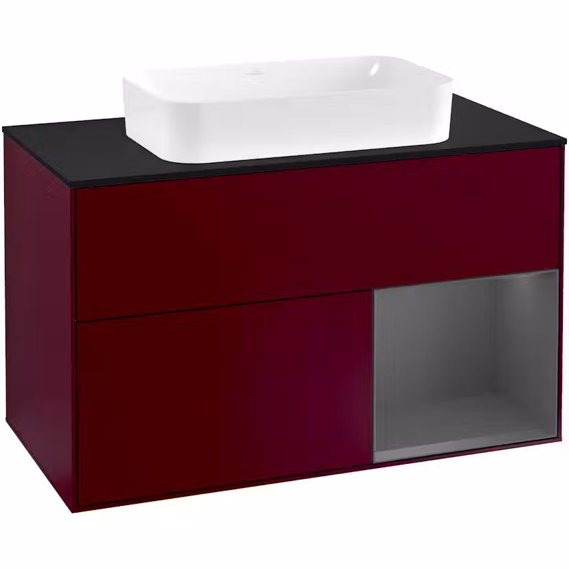 Tvättställsskåp Villeroy & Boch Finion med 2 Lådor Hylla och Bänkskiva för Fristående Tvättställ Pion Mattlack/Antracitgrå Mattlack med bänkskiva i Mattsvart glas med Väggbelysning, Lucka Höger med Blandarhål