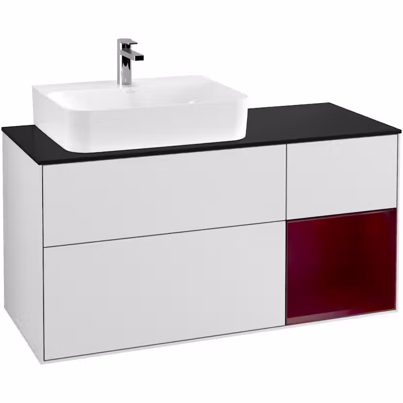 Tvättställsskåp Villeroy & Boch Finion med 3 Lådor Hylla och Bänkskiva för Ocentrerat Tvättställ Vit Mattlack/Pion Mattlack med bänkskiva i Mattsvart glas, Lucka Höger