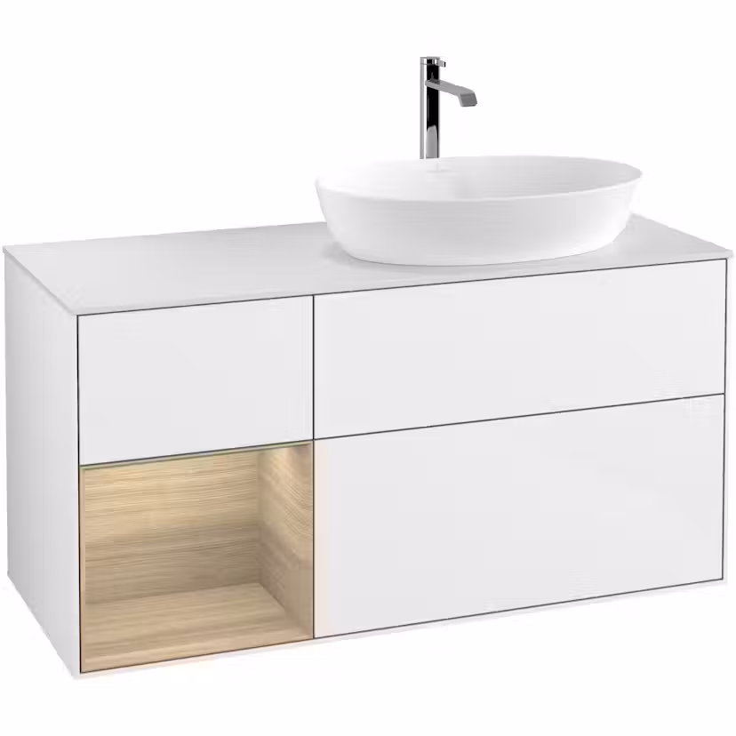 Tvättställsskåp Villeroy & Boch Finion med 3 Lådor Hylla och Bänkskiva för Ocentrerat Tvättställ från Artis & Collaro Vit Högblank/Ekfanér med bänkskiva i Mattvitt glas med Väggbelysning, Lucka Vänster Utan Blandarhål