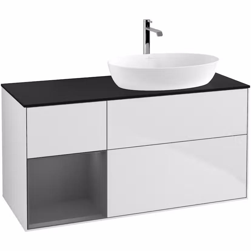 Tvättställsskåp Villeroy & Boch Finion med 3 Lådor Hylla och Bänkskiva för Ocentrerat Tvättställ från Artis & Collaro Vit Mattlack/Antracitgrå Mattlack med bänkskiva i Mattsvart glas med Väggbelysning, Lucka Vänster Utan Blandarhål