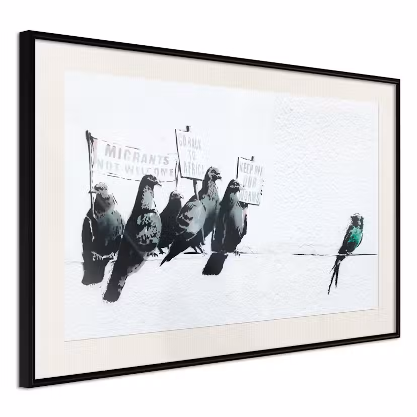 Poster Artgeist Affisch Xenophobic Pigeons Svart ram med passepartout, 30x20 cm