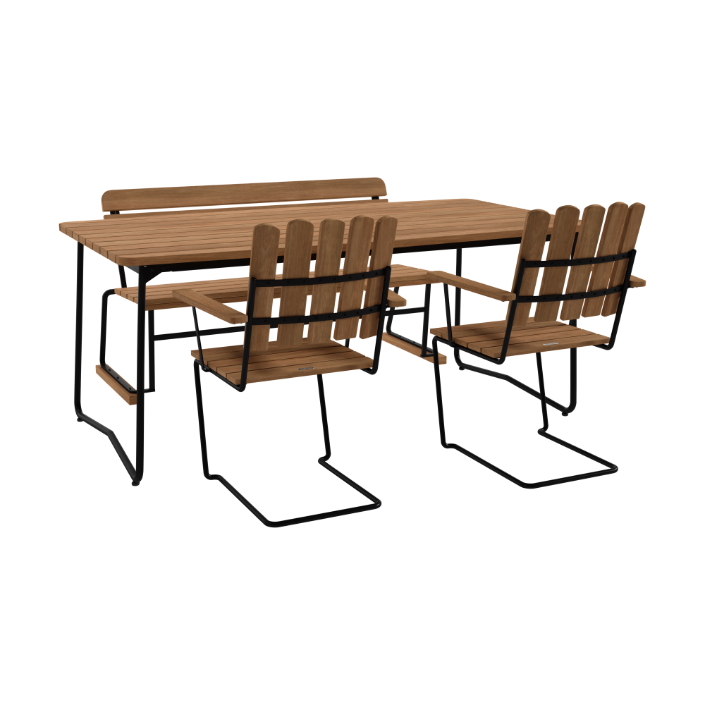 B31 bord 170 cm + 2 A2 fåtölj + soffa 3, teak-svart stativ