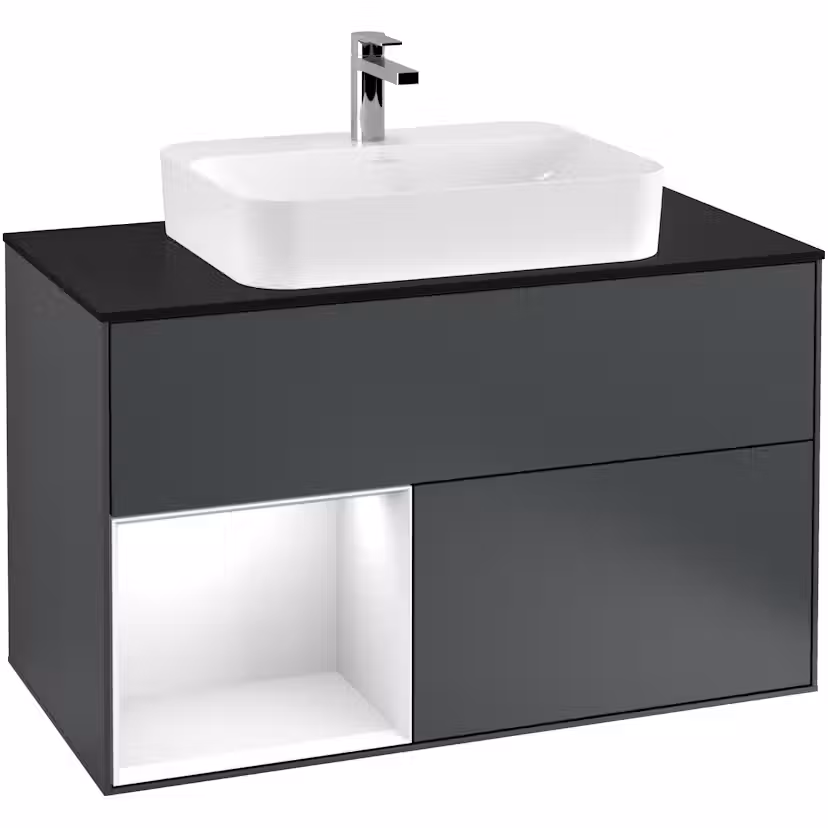 Tvättställsskåp Villeroy & Boch Finion med 2 Lådor Hylla och Bänkskiva för Ytmonterat Tvättställ Midnattsblå Mattlack/Vit Högblank med bänkskiva i Mattsvart glas, Lucka Vänster