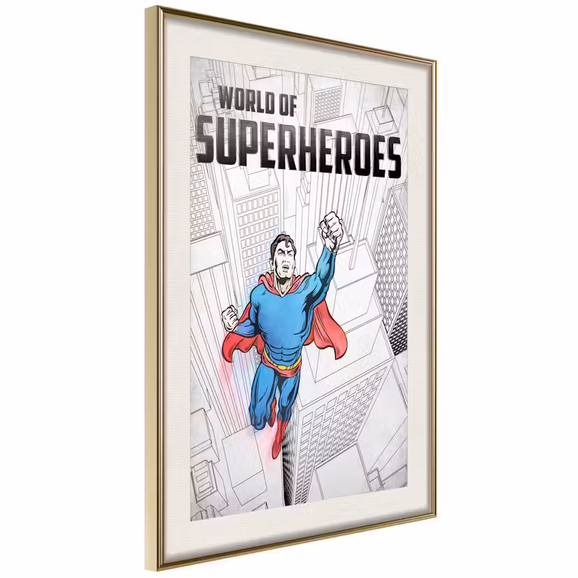 Poster Artgeist Affisch World of Superheroes Guld ram med passepartout, 30x45 cm
