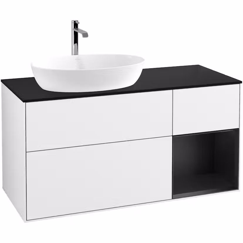 Tvättställsskåp Villeroy & Boch Finion med 3 Lådor Hylla och Bänkskiva för Ocentrerat Tvättställ från Artis & Collaro Vit Högblank/Svart Mattlack med bänkskiva i Mattsvart glas med Väggbelysning, Lucka Höger Med Blandarhål
