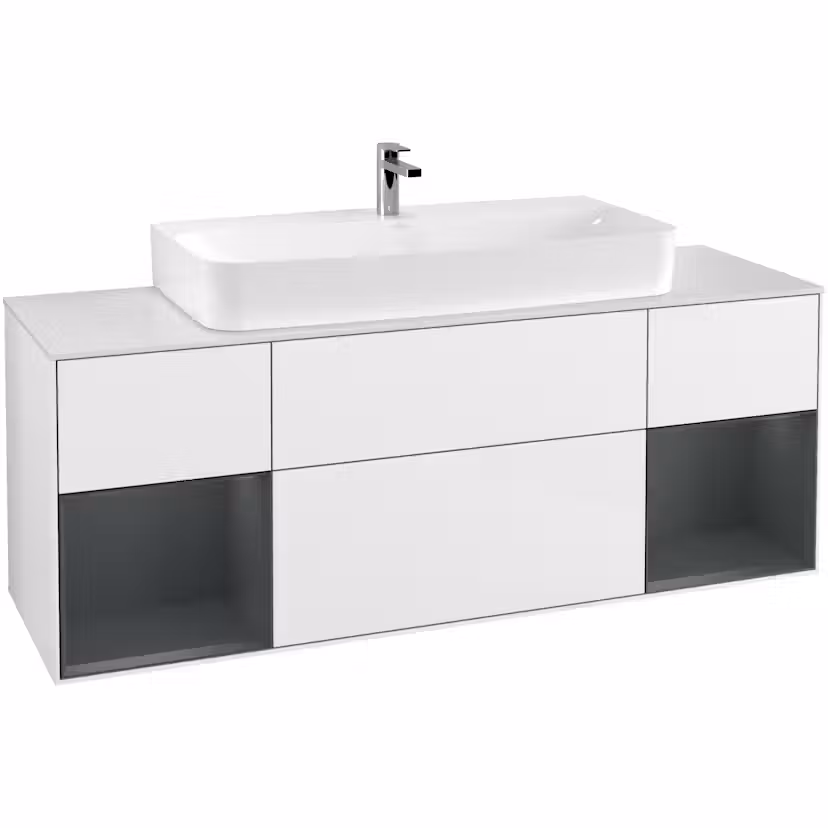 Tvättställsskåp Villeroy & Boch Finion med Två Hyllor och Bänkskiva för Centrerat Tvättställ Vit Högblank/Midnattsblå Mattlack med bänkskiva i Mattvitt glas