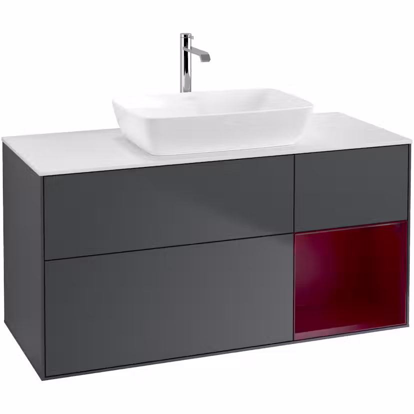 Tvättställsskåp Villeroy & Boch Finion med 3 Lådor Hylla och Bänkskiva för Fristående Tvättställ från Artis & Collaro Midnattsblå Mattlack/Pion Mattlack med bänkskiva i Mattvitt glas, Lucka Höger Med Blandarhål