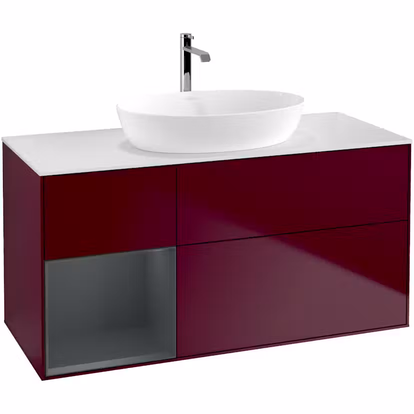 Tvättställsskåp Villeroy & Boch Finion med 3 Lådor Hylla och Bänkskiva för Fristående Tvättställ från Artis & Collaro Pion Mattlack/Midnattsblå Mattlack med bänkskiva i Mattvitt glas med Väggbelysning, Lucka Vänster Med Blandarhål