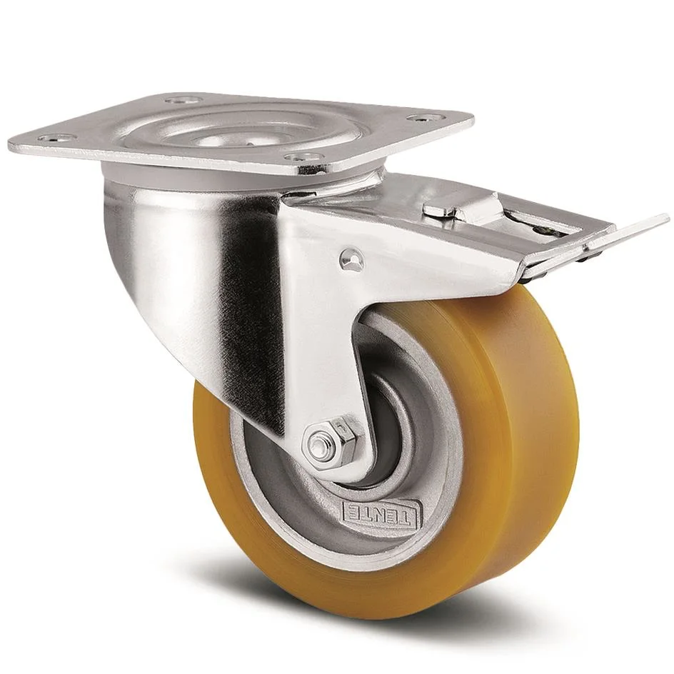 Tente 4687ITP200P63 Länkhjul broms, polyuret, platta 140x110 Ø200 mm
