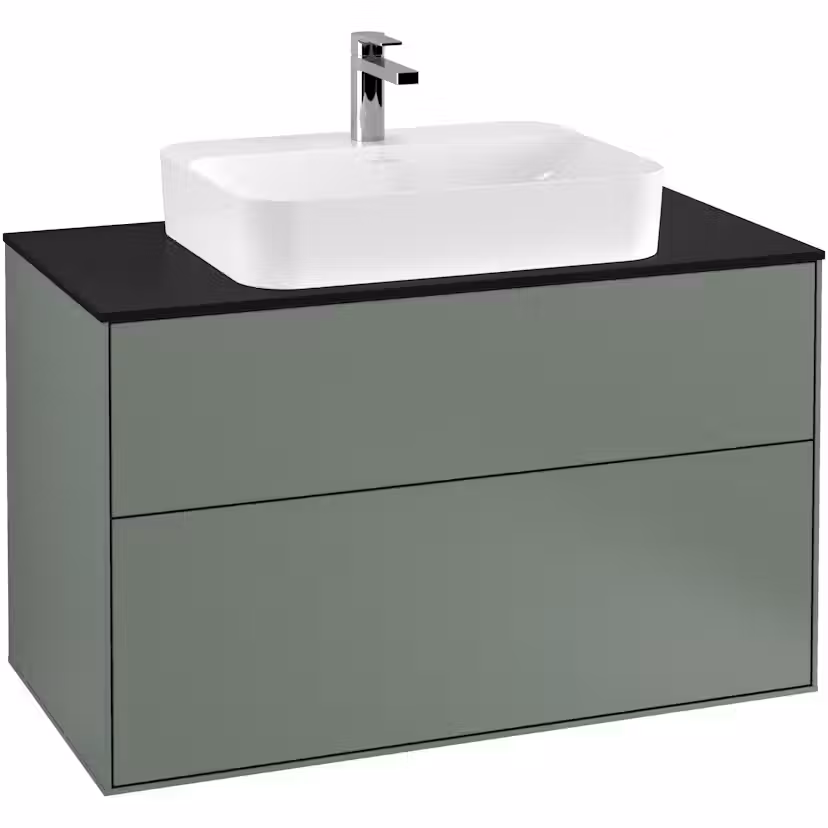 Tvättställsskåp Villeroy & Boch Finion med 2 Lådor och Bänkskiva för Ytmonterat Tvättställ Oliv Mattlack, B: 1000 mm med bänkskiva i Mattsvart glas