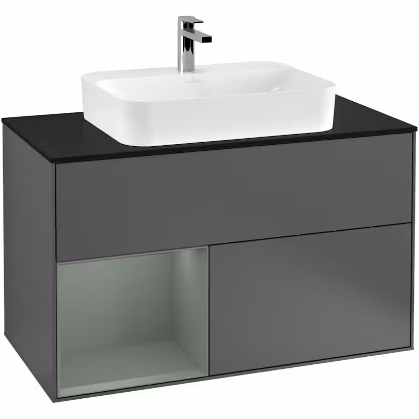 Tvättställsskåp Villeroy & Boch Finion med 2 Lådor Hylla och Bänkskiva för Ytmonterat Tvättställ Antracitgrå Mattlack/Oliv Mattlack med bänkskiva i Mattsvart glas med Väggbelysning, Lucka Vänster