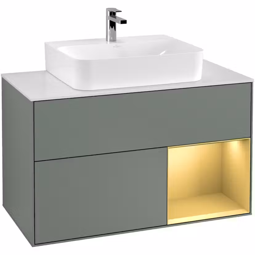 Tvättställsskåp Villeroy & Boch Finion med 2 Lådor Hylla och Bänkskiva för Centrerat Tvättställ Oliv Mattlack/Guld Mattlack med bänkskiva i Mattvitt glas med Väggbelysning, Lucka Höger