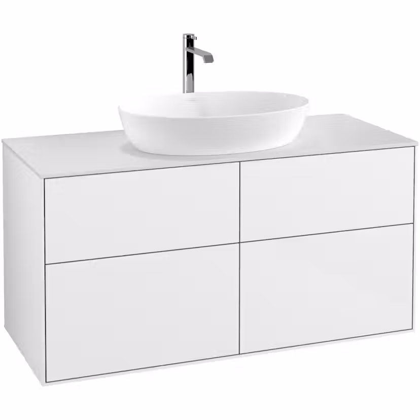 Tvättställsskåp Villeroy & Boch Finion med 4 Lådor och Bänkskiva för Fristående Tvättställ från Artis & Collaro Vit Högblank B: 1200 mm med bänkskiva i Mattvitt glas med Väggbelysning Med Blandarhål