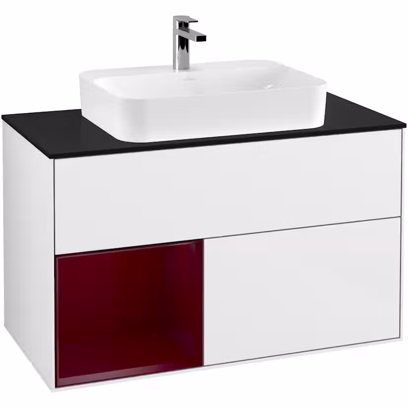 Tvättställsskåp Villeroy & Boch Finion med 2 Lådor Hylla och Bänkskiva för Ytmonterat Tvättställ Vit Högblank/Pion Mattlack med bänkskiva i Mattsvart glas med Väggbelysning, Lucka Vänster