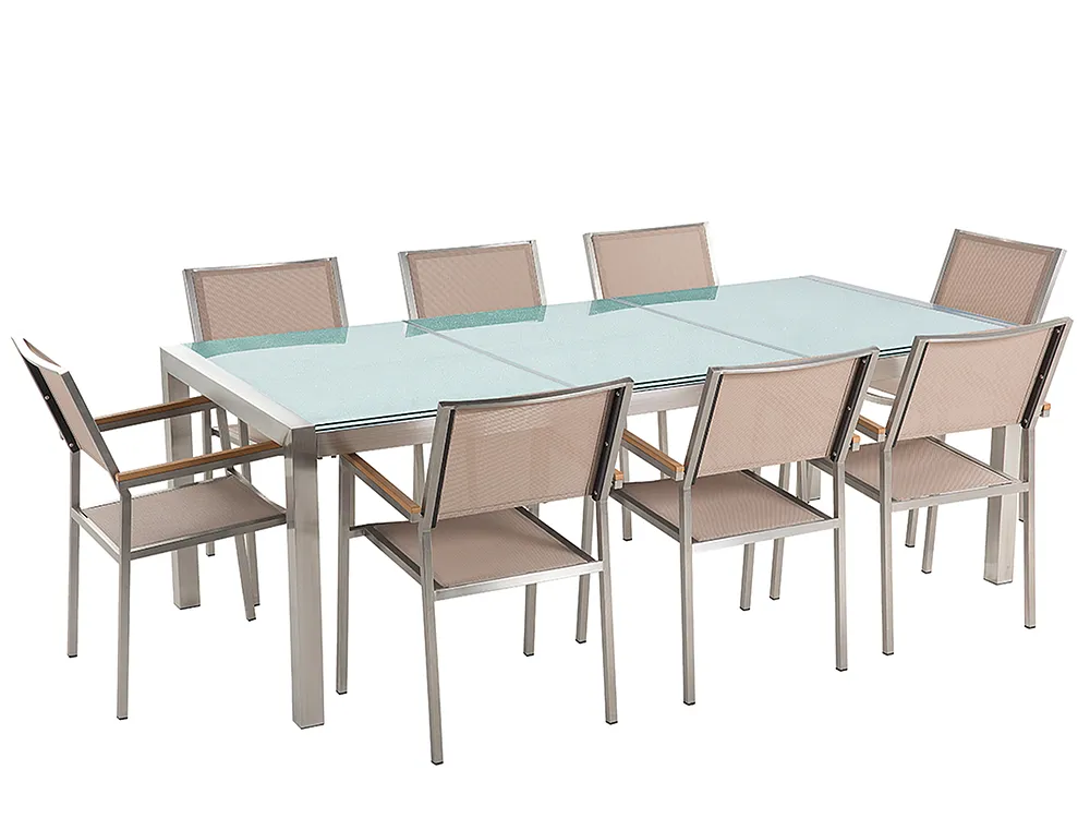 Trädgårdsmatgrupp 8-sits GROSSETO Härdat glas Krackelerat glas Transparent/ Beige