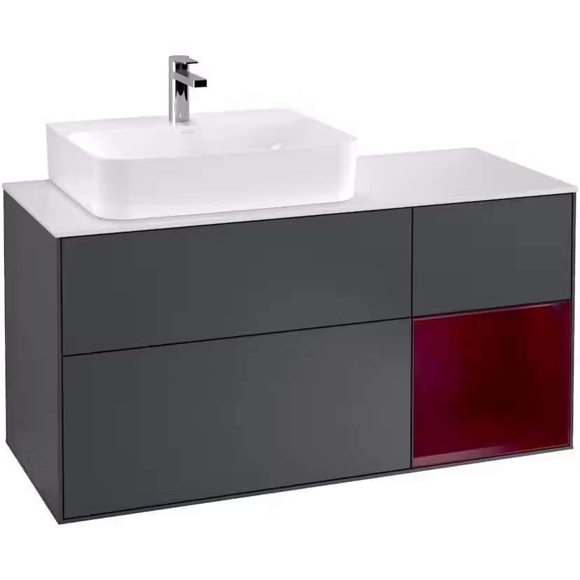 Tvättställsskåp Villeroy & Boch Finion med 3 Lådor Hylla och Bänkskiva för Ocentrerat Tvättställ Midnattsblå Mattlack/Pion Mattlack med bänkskiva i Mattvitt glas med Väggbelysning, Lucka Höger