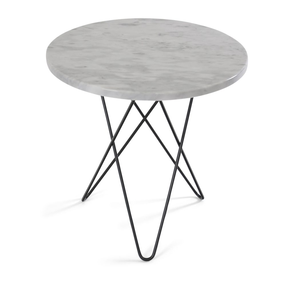 Tall mini O sidobord Ø50 H50, svart underrede, vit marmor