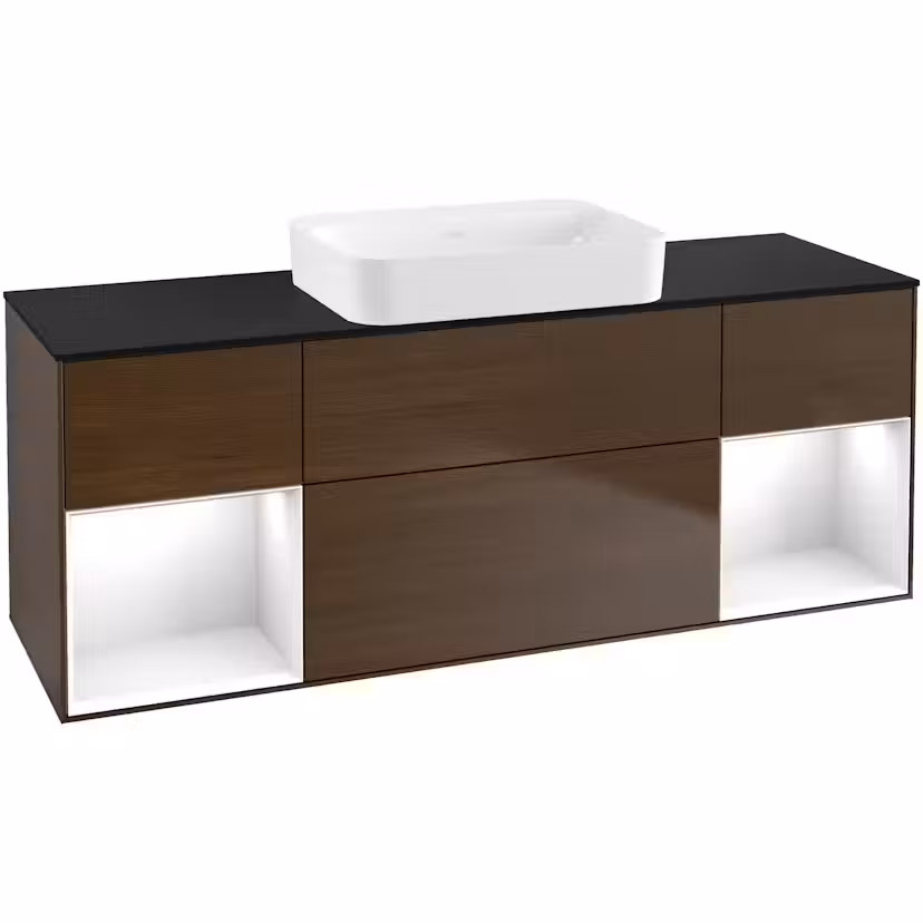 Tvättställsskåp Villeroy & Boch Finion med Två Hyllor och Bänkskiva för Fristående Tvättställ Valnötsfanér/Vit Högblank med bänkskiva i Mattsvart glas med Väggbelysning utan Blandarhål