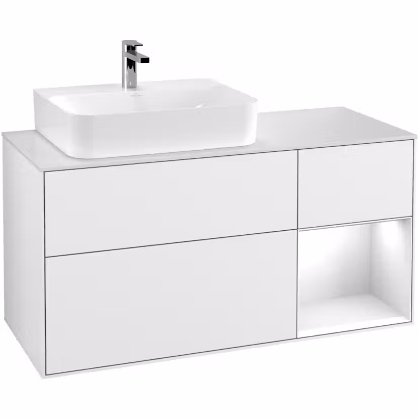 Tvättställsskåp Villeroy & Boch Finion med 3 Lådor Hylla och Bänkskiva för Ocentrerat Tvättställ Vit Högblank/Vit Högblank med bänkskiva i Mattvitt glas med Väggbelysning, Lucka Höger
